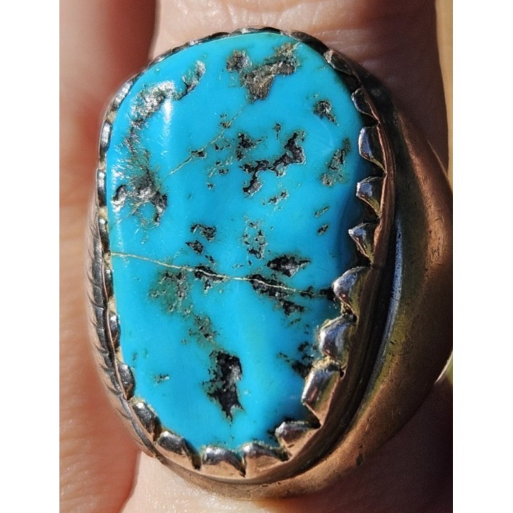 VTG NA Sleeping Beauty Turquoise Ring Sterling Silver Signed DH Size 7.5 Blue